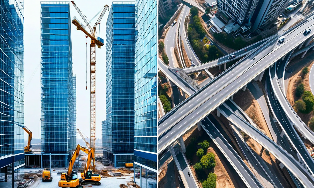 Split composition showing architectural buildings on the left merging with heavy civil construction infrastructure on the right, connected by digital integration elements representing software acquisition and market expansion