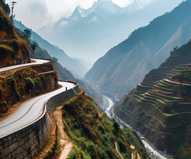 A narrow mountain highway winding along a steep hillside in Nepal with a deep river gorge visible below, illustrating the challenging and dangerous terrain of mountain transportation routes