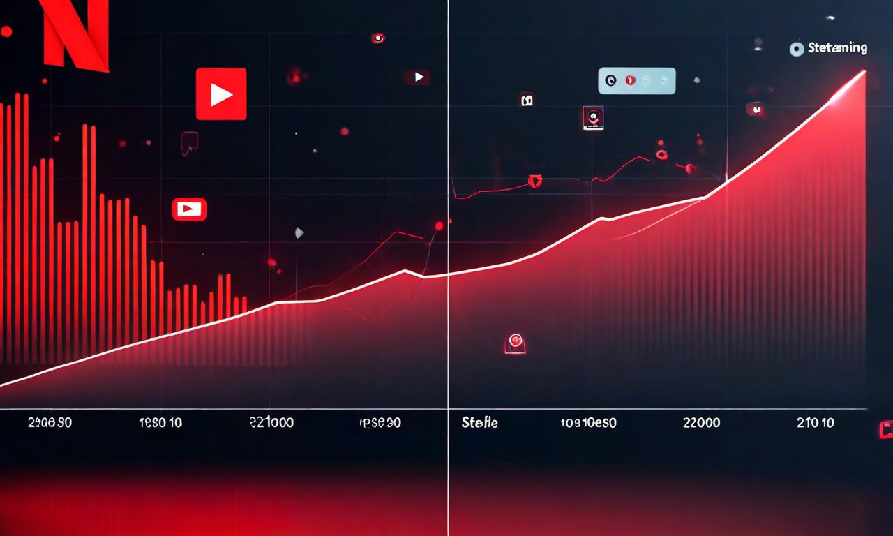 Split-screen visualization showing a growth curve transitioning from steep upward trajectory to gentler slope, with streaming service icons and data elements illustrating Netflix's shift from rapid subscriber growth to business maturity