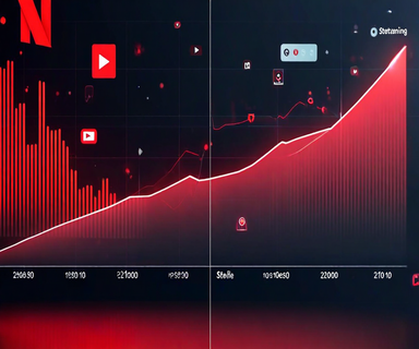 Split-screen visualization showing a growth curve transitioning from steep upward trajectory to gentler slope, with streaming service icons and data elements illustrating Netflix's shift from rapid subscriber growth to business maturity