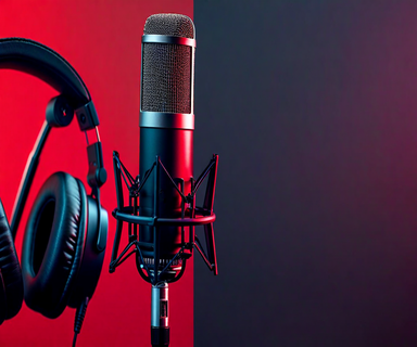 Split-screen image showing Netflix streaming interface merging with professional podcast recording equipment including microphone and headphones, set against a dark gradient background with red accents