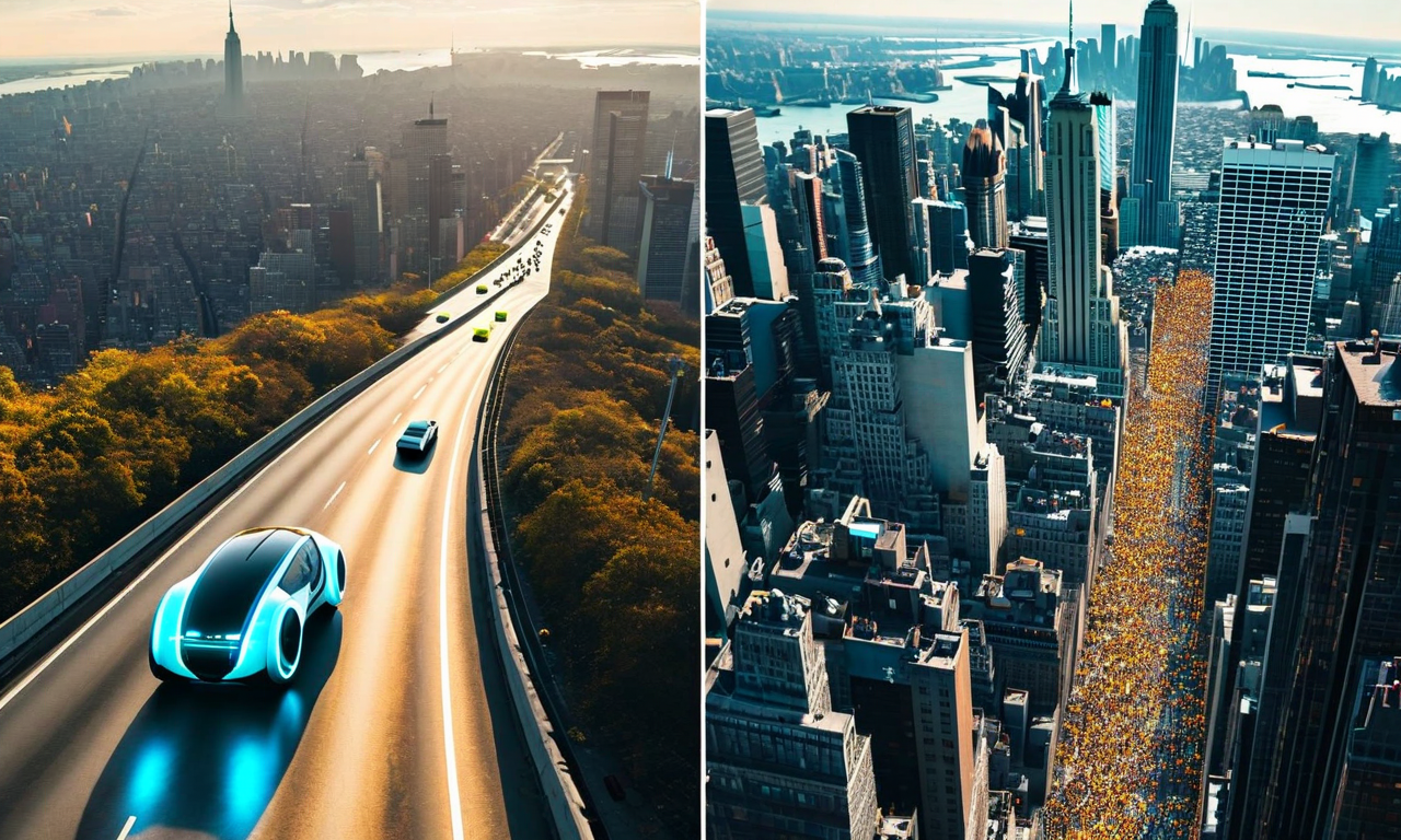 Split illustration showing an autonomous vehicle on an open upstate New York highway contrasted with dense Manhattan traffic and skyscrapers, representing the state's two-tier robotaxi regulatory approach
