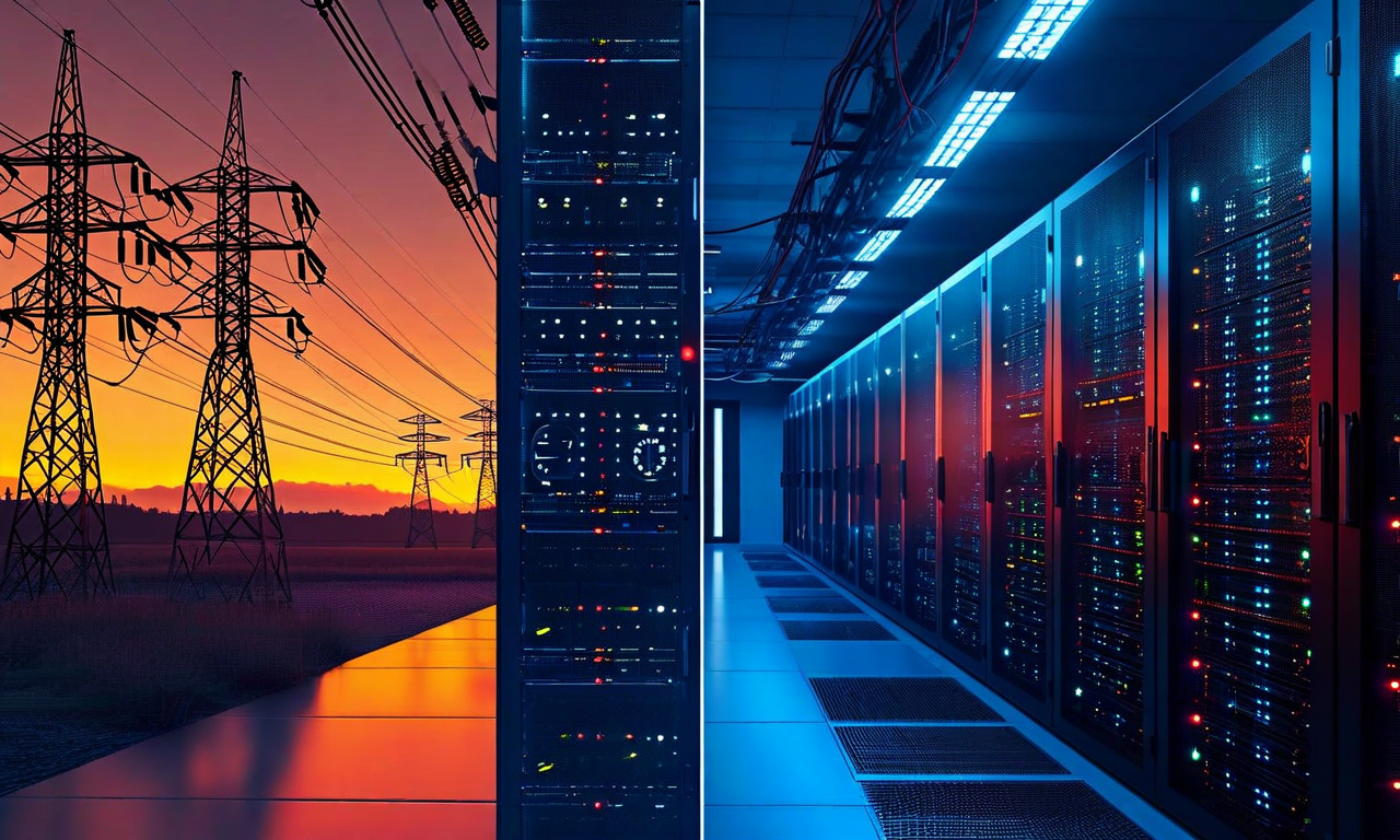 Split image showing modern data center servers with blue lighting on one side and electrical power grid infrastructure with transmission towers on the other, representing the tension between AI technology expansion and energy infrastructure capacity
