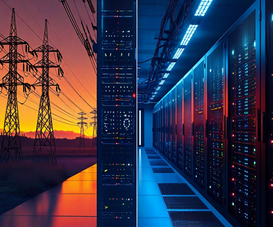 Split image showing modern data center servers with blue lighting on one side and electrical power grid infrastructure with transmission towers on the other, representing the tension between AI technology expansion and energy infrastructure capacity