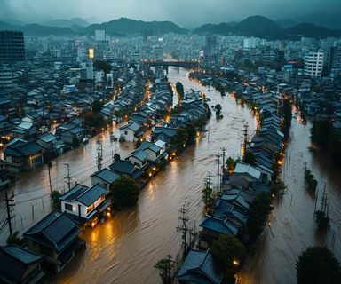 Aerial view of a Japanese city during severe flooding with heavy rain, showing inundated low-lying residential areas and an overflowing river under dark storm clouds, illustrating Level 4 emergency evacuation conditions