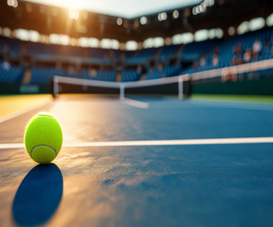 An elevated view of an empty professional tennis court with dramatic lighting, featuring a tennis racket and ball on the blue court surface, symbolizing the conclusion of a distinguished tennis career
