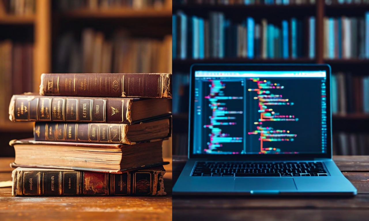 Split composition contrasting traditional programming books stacked on a desk with a modern laptop displaying digital coding resources, illustrating the shift from print to digital learning