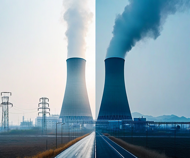 A modern nuclear power facility with contemporary architecture contrasted against fading older infrastructure, connected by abstract energy grid lines, symbolizing Japan's nuclear reactor replacement policy and energy transition