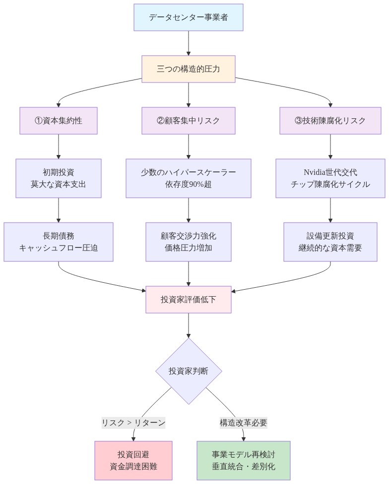 データセンター事業者が直面する三つの構造的圧力を示すフロー図。①資本集約性（初期投資→長期債務→キャッシュフロー圧迫）、②顧客集中リスク（少数ハイパースケーラー依存→価格交渉力低下）、③技術陳腐化リスク（Nvidiaチップ世代交代→継続的設備更新投資）の三つの圧力が相互に作用し、投資家評価の低下につながり、最終的に資金調達困難または事業モデル再検討を迫られることを矢印で表現した図。