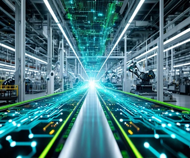 Split-screen visualization showing AI neural networks and data streams merging with smart factory automation and vehicles, representing the integration of artificial intelligence technology with manufacturing systems