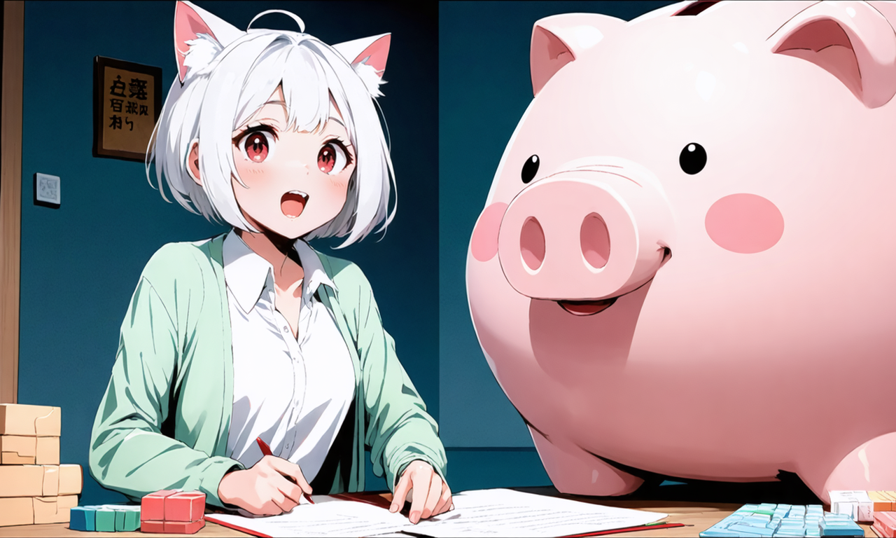 大きなチップメーカーのキャラクターが、小さなスタートアップのキャラクターに貯金箱と積み木の2つの贈り物を差し出し、Neko-sanが横で驚いている様子のイラスト。