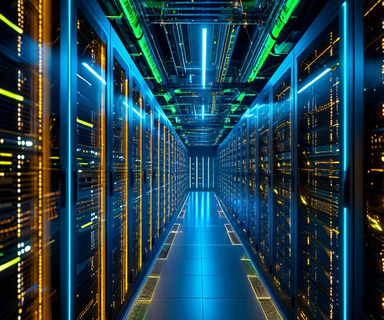 Aerial view of an illuminated modern data center facility with abstract visualization of data streams and neural networks floating above, representing massive AI infrastructure investment