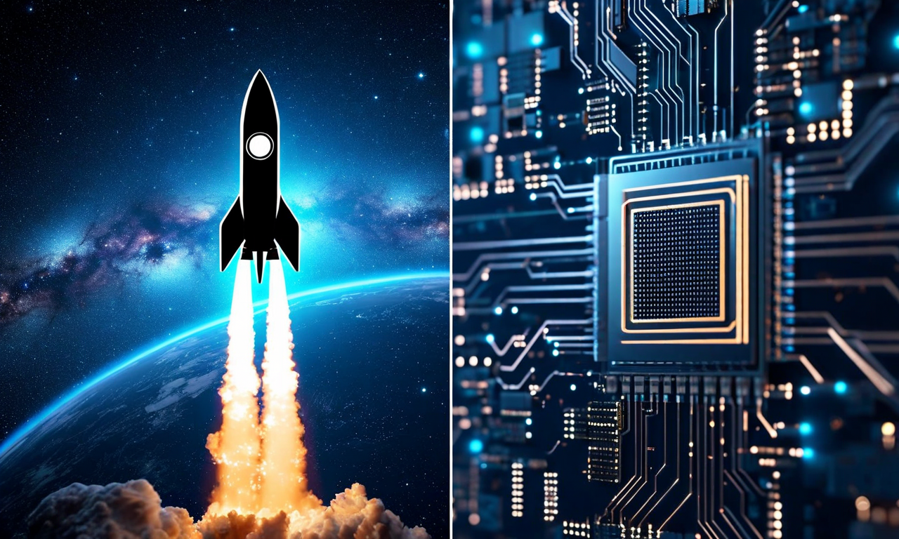 Split composition showing a spacecraft on the left and a semiconductor chip on the right, connected by flowing light streams, representing Nvidia's strategic investments in SpaceX and Intel