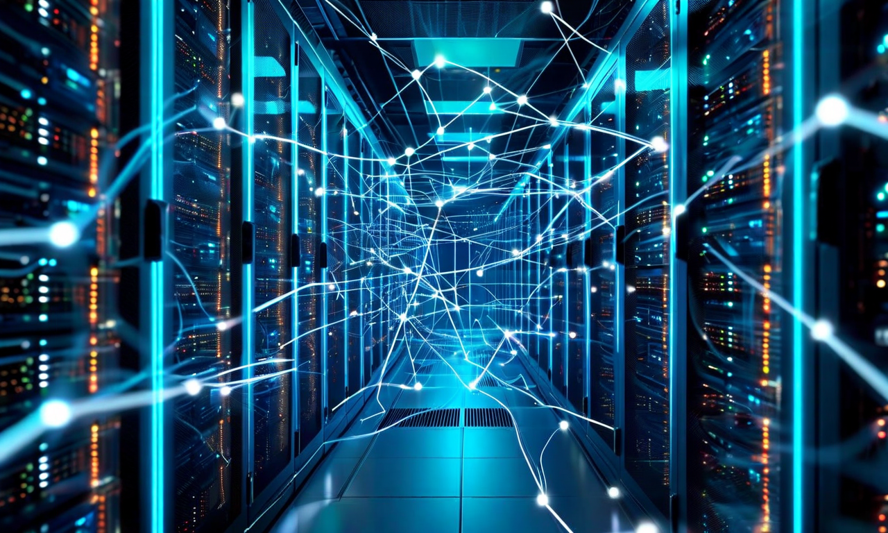 Interconnected data centers linked by glowing neural network patterns and fiber optic connections, with abstract computer chips and flowing streams of light representing AI compute resources and infrastructure
