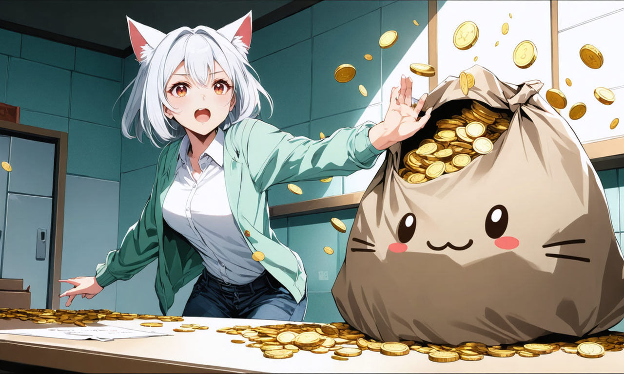 巨大なチップ型のキャラクターが大量のコインをカウンターにこぼし、驚くねこさんがその下で立ちすくんでいる様子。