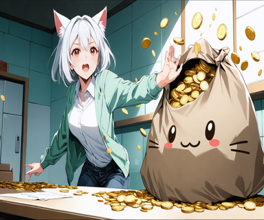 巨大なチップ型のキャラクターが大量のコインをカウンターにこぼし、驚くねこさんがその下で立ちすくんでいる様子。