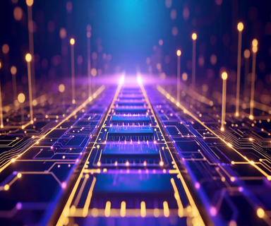Layered visualization of semiconductor chips and AI neural networks extending toward a bright horizon, representing long-term technology growth and infrastructure expansion
