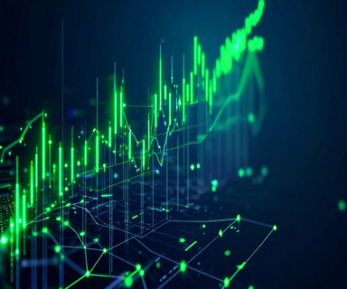 Upward trending financial graph with semiconductor chips and AI network visualizations representing Nvidia's strong quarterly earnings growth in the datacenter and AI infrastructure market