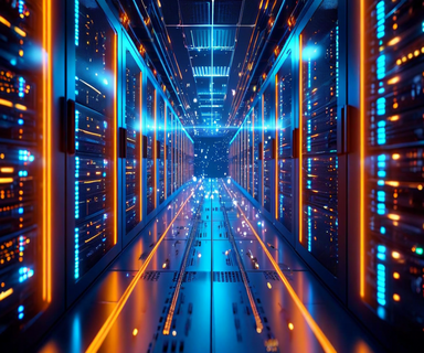 Two advanced technology environments with GPU server infrastructure connected by flowing streams of digital light, representing international AI dialogue and technological cooperation