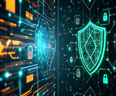 Split view illustration showing an AI agent system transitioning from an open, vulnerable state on the left to a secured, protected state with layered security barriers on the right, representing the evolution from OpenClaw to enterprise-grade security