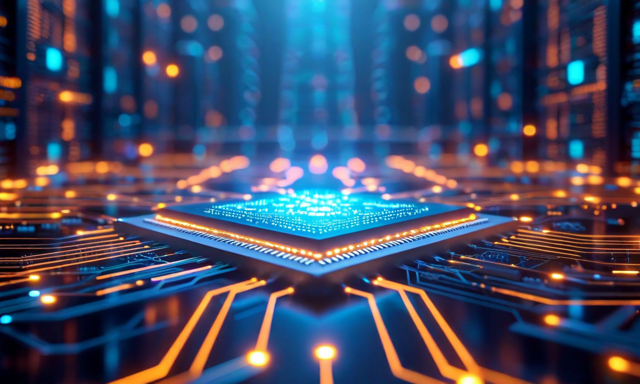 A semiconductor chip with neural network patterns at center, surrounded by abstract cloud infrastructure elements and diverging pathways representing business diversification and revenue concentration risk