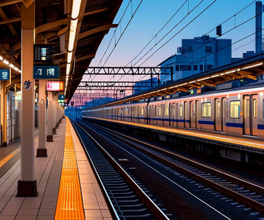 Modern Japanese railway platform at dawn showing train tracks, safety signals, and arriving commuter train, representing railway operations and service restoration protocols