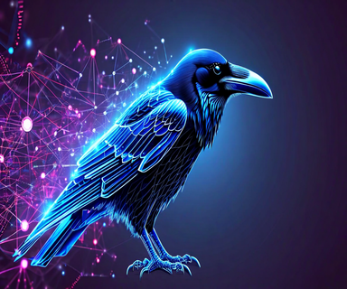 Split composition showing a digital raven dissolving into data particles on the left, connected to abstract network nodes and engagement metrics on the right, illustrating algorithmic content amplification