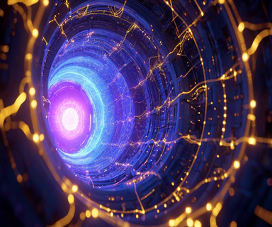 Cross-section visualization of a tokamak nuclear fusion reactor with glowing blue-purple plasma contained in a torus shape, surrounded by golden magnetic field lines and overlaid with abstract machine learning data visualization elements including neural networks and analytical graphs