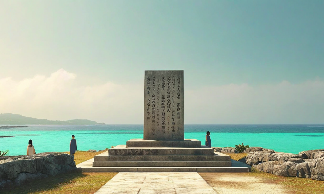 沖縄の海を背景に、戦争の悲劇を象徴する慰霊碑が立ち、その前に若い世代が平和への願いを込めて立つ風景。金色と青色の光が歴史的悲劇と希望の共存を表現している。