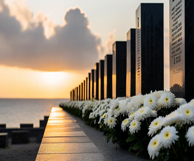 The Cornerstone of Peace memorial in Okinawa with granite walls bearing inscribed names, white flowers placed as offerings in the foreground, and the ocean visible in the background during golden hour, symbolizing remembrance of the Battle of Okinawa and hope for peace