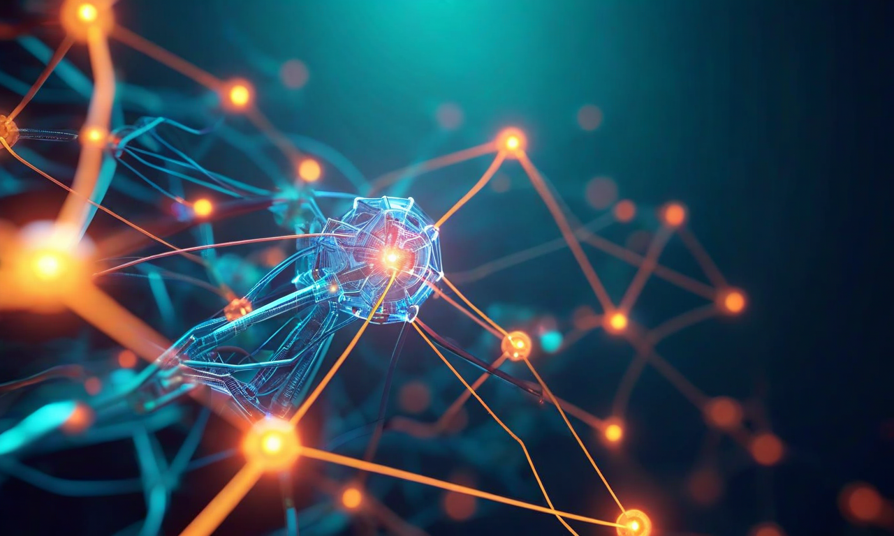 Abstract visualization of a neural network with a highlighted modified connection, suggesting the concept of knowledge editing in AI models and the distinction between behavioral changes and internal representations