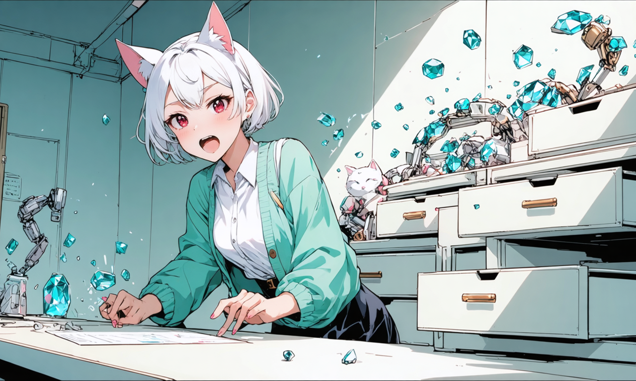 Neko-san のカウンターに小さな機械の手が次々と現れ、宝石型の小箱（RubyGemsのメタファー）の引き出しを無断で次々と開けようとしている様子。