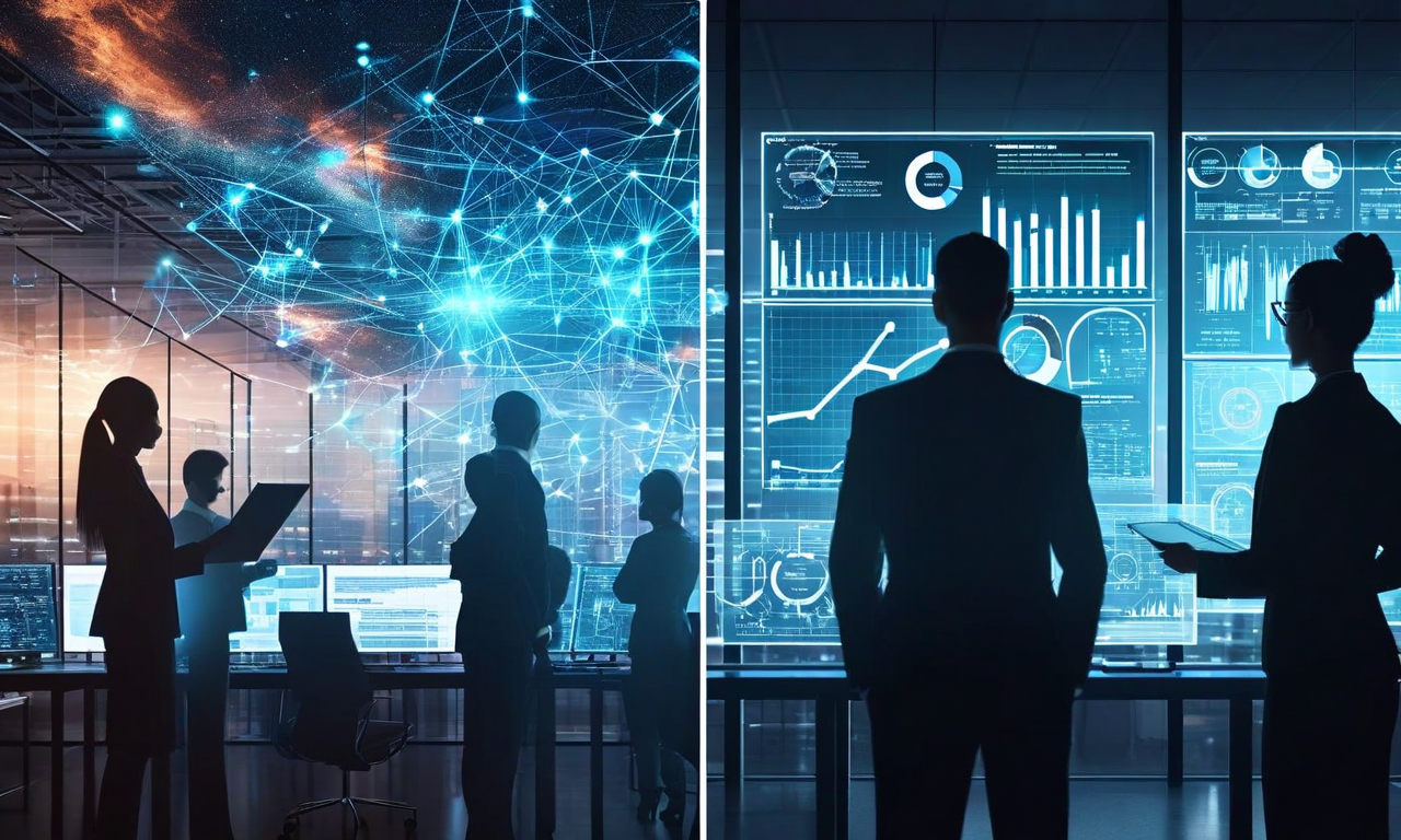 Split composition showing AI experts analyzing detailed technical neural network diagrams on one side, contrasted with traditional investors reviewing standard business charts on the other, illustrating information asymmetry in AI investment