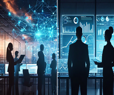 Split composition showing AI experts analyzing detailed technical neural network diagrams on one side, contrasted with traditional investors reviewing standard business charts on the other, illustrating information asymmetry in AI investment