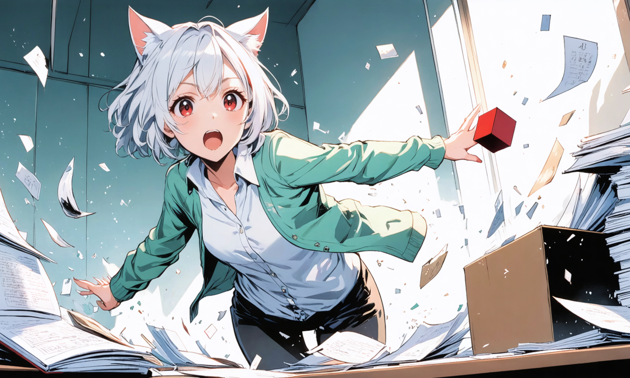 山積みになった論文の冊子の中から、ひとつの赤い立方体がぴたりとパズルにはまり、Neko-sanが驚いて見ている様子のイラスト。