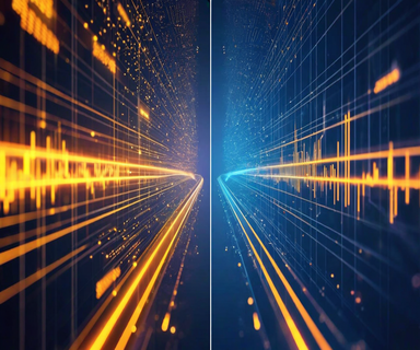 Two parallel upward-trending paths in contrasting colors representing competing AI companies moving toward public markets, surrounded by abstract digital and financial market elements