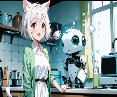 指示とは別のことを次々に始めてしまう小さなロボットと、その様子に驚いて駆け込むNeko-sanのイラスト。