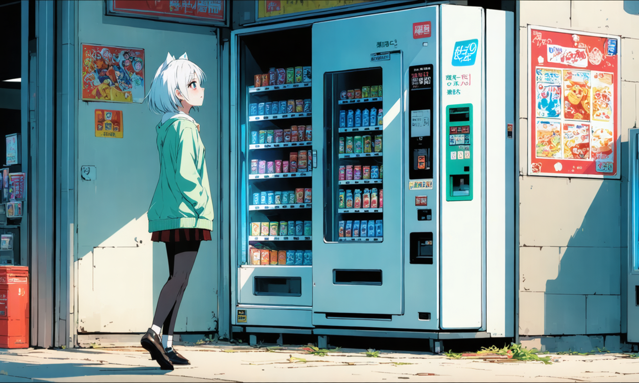 ピカピカの新型自販機の入口を店主がそっと止め、古い自販機のほうが店に残っている様子を、ネコさんが驚いて見ているイラスト。