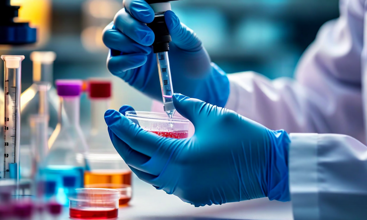 Close-up of gloved hands in a laboratory setting handling scientific equipment, with small particles visible dispersing from the glove surface, illustrating potential microplastic contamination during research procedures