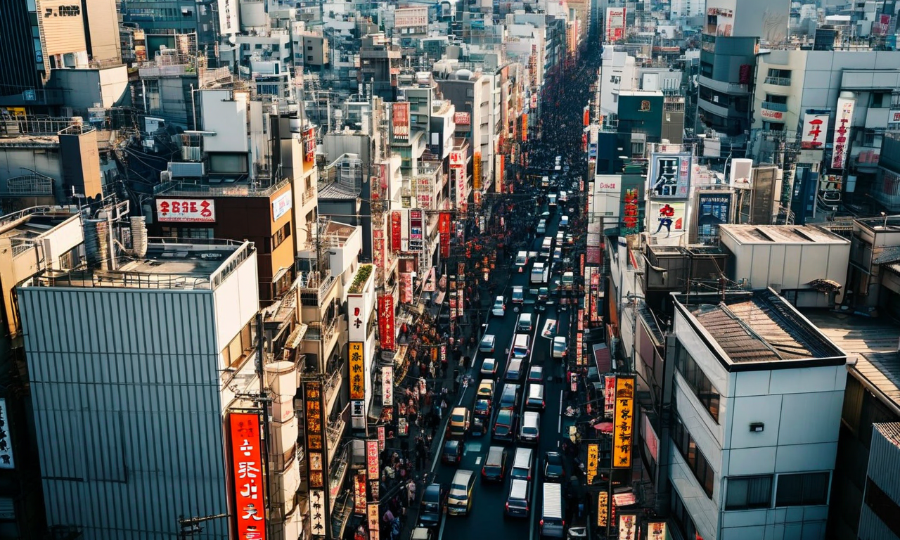 Aerial view of densely packed commercial buildings in an urban Japanese entertainment district showing narrow streets and tightly spaced multi-story structures typical of Osaka's Shinsaibashi area