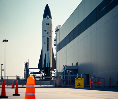 Aerospace manufacturing facility with prominent workplace safety equipment in foreground, representing OSHA investigation into worker fatality at SpaceX Starbase