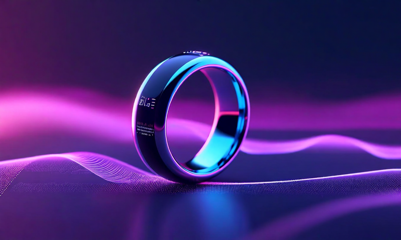 A smart ring surrounded by floating data visualization elements and health metric graphs against a blue-purple gradient background, representing wearable health technology and biometric data collection