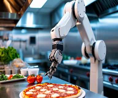 An inactive robotic arm positioned over a pizza preparation station in a modern commercial kitchen, illustrating automated food production technology challenges