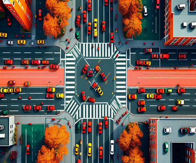 Aerial view illustration of an urban intersection showing vehicle queue overflow, with red-colored congested traffic extending beyond intersection capacity and blocking upstream intersections in a cascading pattern