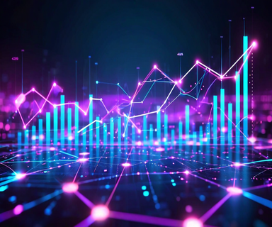 Futuristic data analytics visualization showing upward-trending holographic charts and interconnected data nodes representing commercial revenue growth and technological performance metrics