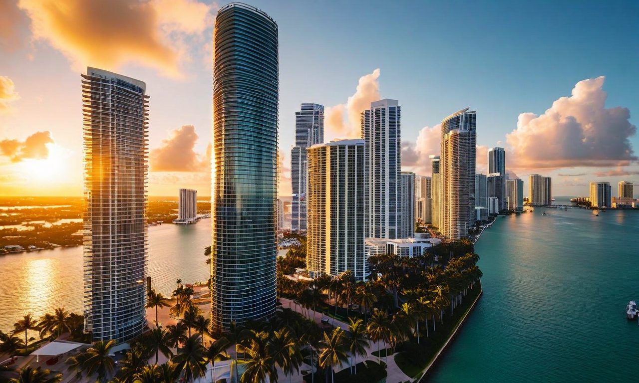 Aerial view of Miami's downtown skyline and waterfront properties at sunset, showing the intersection of corporate towers and luxury residential areas along Biscayne Bay