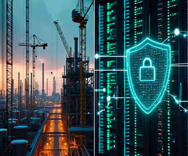 Split composition contrasting heavy physical infrastructure on the left with lightweight digital security services on the right, connected by AI network patterns, illustrating the economic divergence between capital-intensive infrastructure and software-based security services