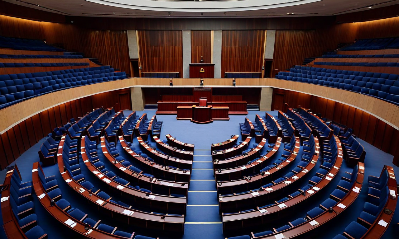An elevated view of an empty parliamentary chamber with curved rows of seats arranged in a semicircular pattern, symbolizing the conclusion of a legislative session and the challenges of political consensus-building