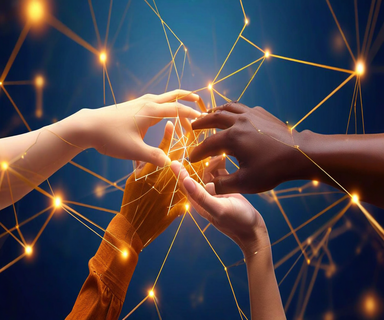Diverse hands collaboratively assembling interconnected geometric pieces that form a glowing AI neural network pattern, symbolizing partnership in responsible AI governance and measurable impact