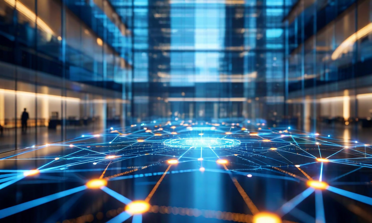 A professional visualization showing an interconnected network of glowing nodes and pathways representing integrated AI governance frameworks, with modern corporate architecture in the background